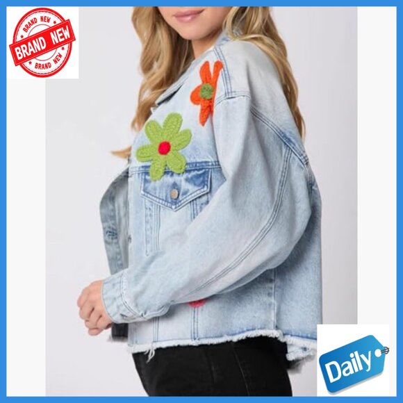 Long Sleeve Button Down 3D Flower Patchwork Crop Raw Hem Denim Jacket - Picture 3 of 6